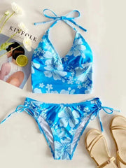 Printed Bikini Set Halter Blue Panties Suit Two Piece Swimsuit Party Suit