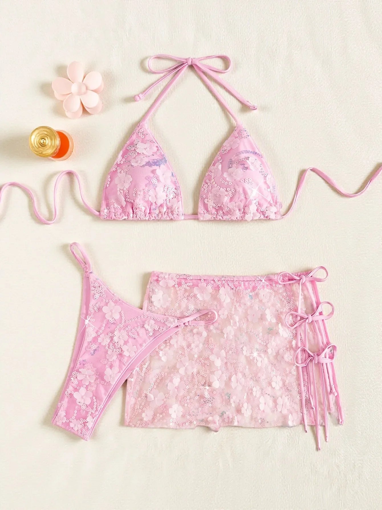Sequin Bikini Set 3 Piece Shiny Glitter Two Piece Swimsuit with Tie Side Bottoms See Through