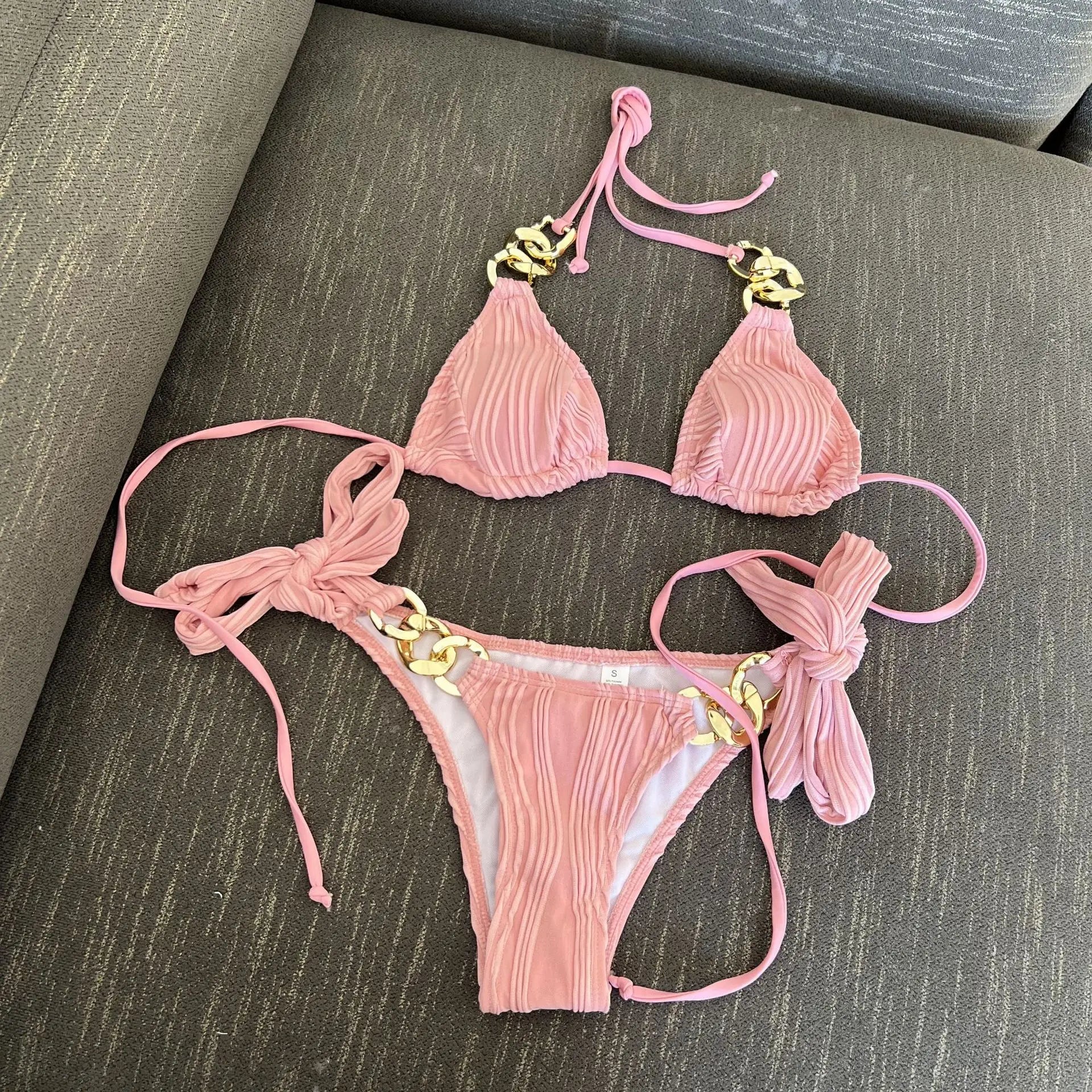 Metal Chain Bikini Set Tummy Control Two Piece Swimsuit Bandage Swimsuit