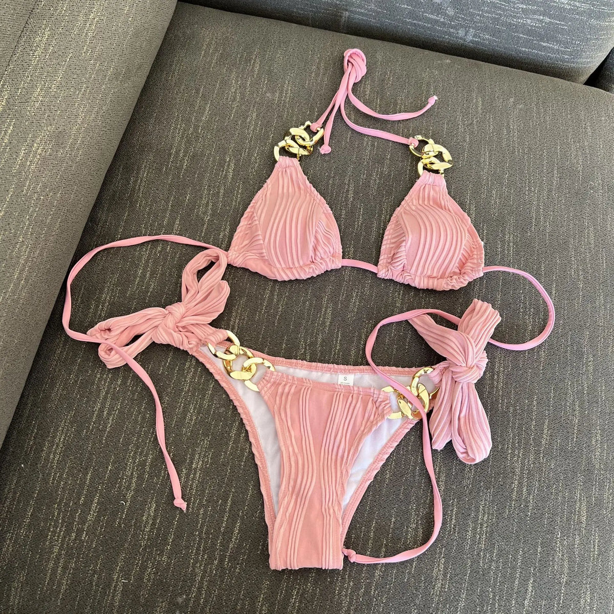 Metal Chain Bikini Set Tummy Control Two Piece Swimsuit Bandage Swimsuit
