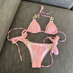Metal Chain Bikini Set Tummy Control Two Piece Swimsuit Bandage Swimsuit