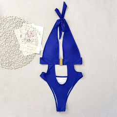 One Piece Swimsuit Solid Color Deep V Clip Buckle Monokini Swimwear Hollow Out