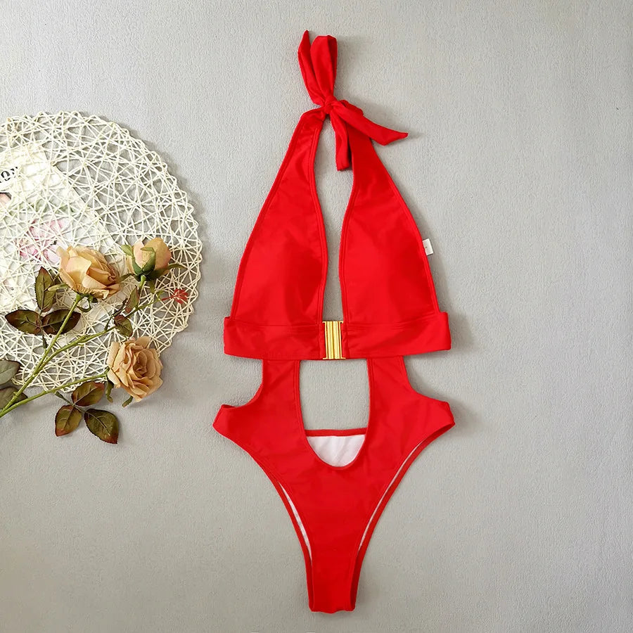 One Piece Swimsuit Solid Color Deep V Clip Buckle Monokini Swimwear Hollow Out
