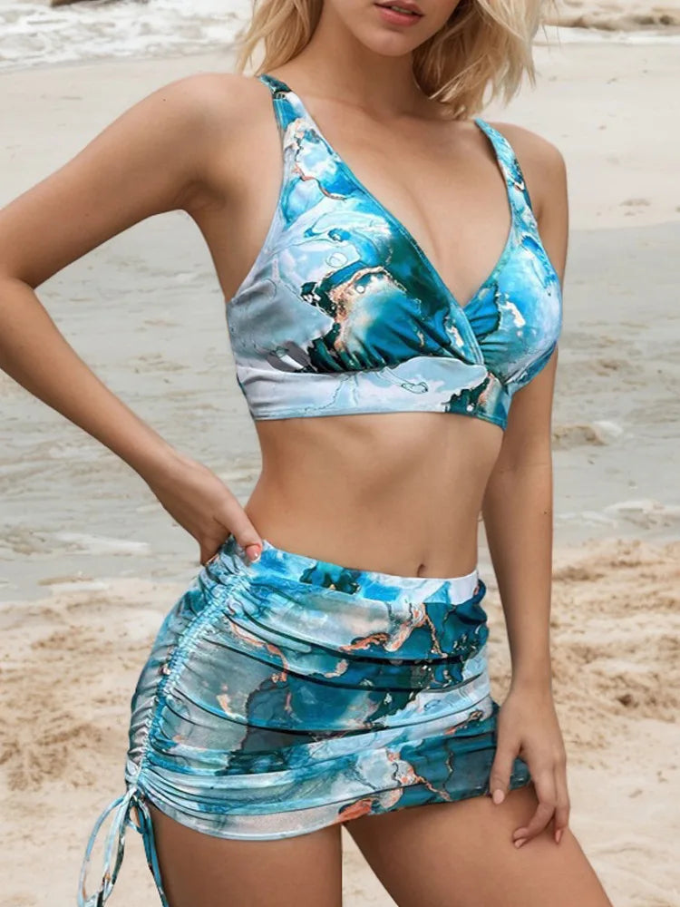 3 Piece Bikini Set Deep V Tie-Dye Swimsuit with Cover Upwear V Neck Swimwears