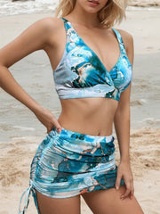 3 Piece Bikini Set Deep V Tie-Dye Swimsuit with Cover Upwear V Neck Swimwears