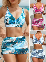 3 Piece Bikini Set Deep V Tie-Dye Swimsuit with Cover Upwear V Neck Swimwears
