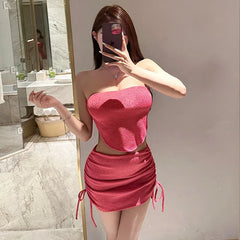 3 Piece Bikini Set Korean Style Two Piece Swimsuit with Mesh Cover Upwear Swimming