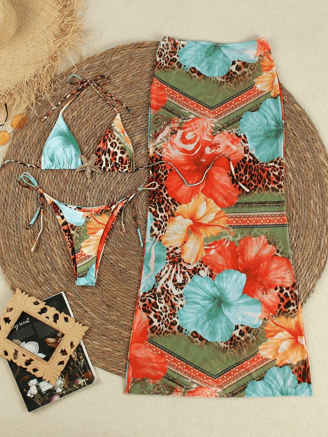 3 Piece Bikini Set Printed Triangle Top & Long Cover Up Dress Quick Dry Swimsuit Long Bodyconsuit