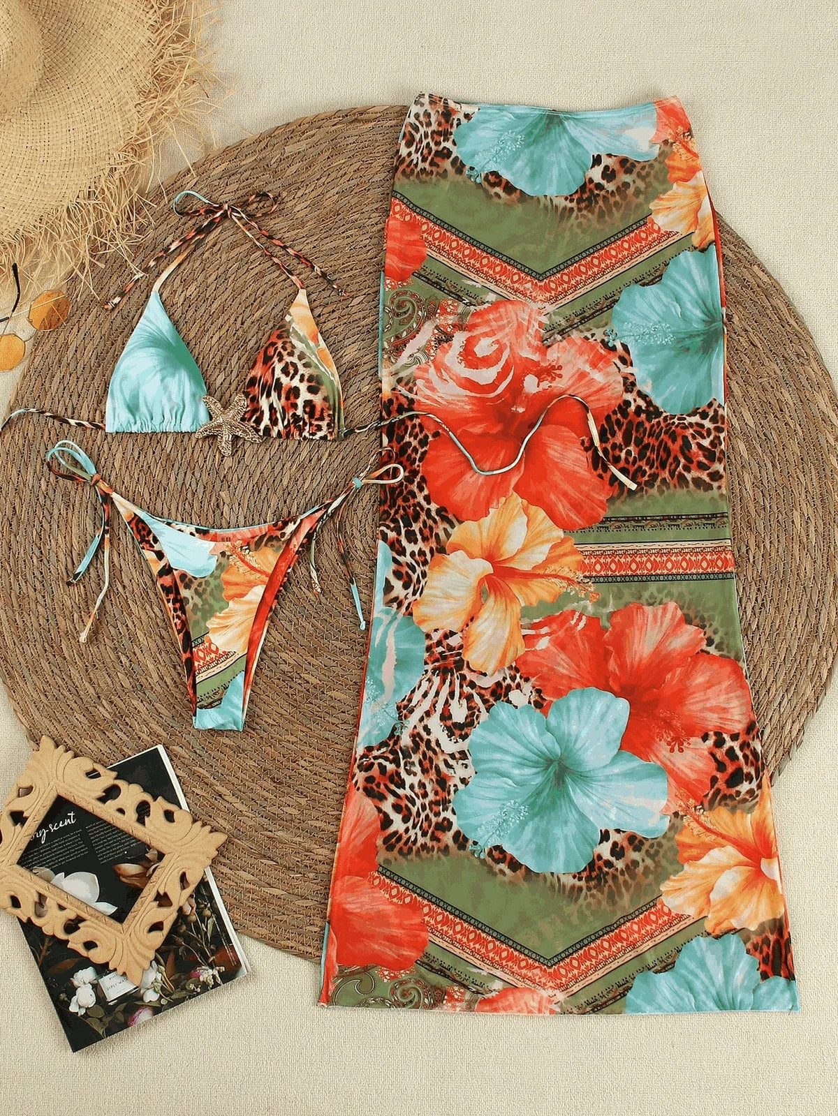 3 Piece Bikini Set Printed Triangle Top & Long Cover Up Dress Quick Dry Swimsuit Long Bodyconsuit