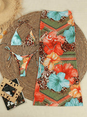 3 Piece Bikini Set Printed Triangle Top & Long Cover Up Dress Quick Dry Swimsuit Long Bodyconsuit