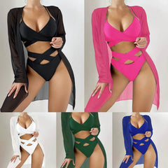 3 Piece Bikini Set Swimsuit with Cover Upwear Solid Blace Cut Out Set