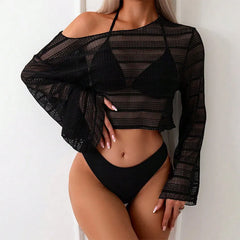 3 Piece Bikini Set Sheer Long Sleeve Cover Up Swimsuit Luxurywear Solid Black Swimsuit