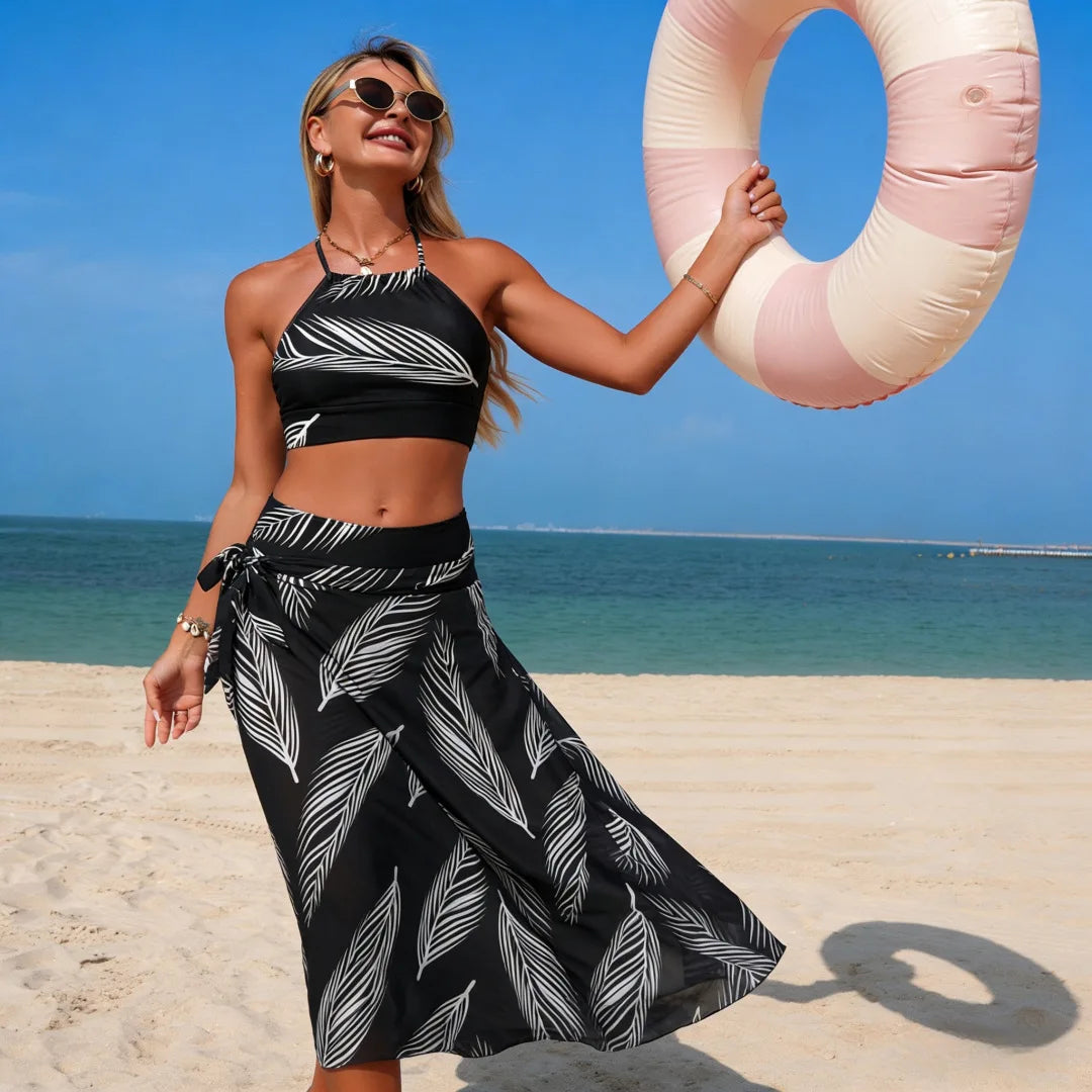 3 Piece Bikini Set with Mesh Long Two Piece Swimsuit with Sheer Cover Up Swimwears