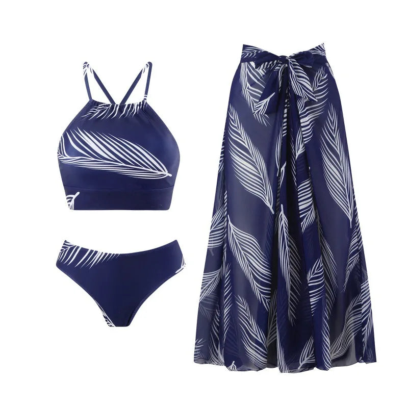 3 Piece Bikini Set with Mesh Long Two Piece Swimsuit with Sheer Cover Up Swimwears