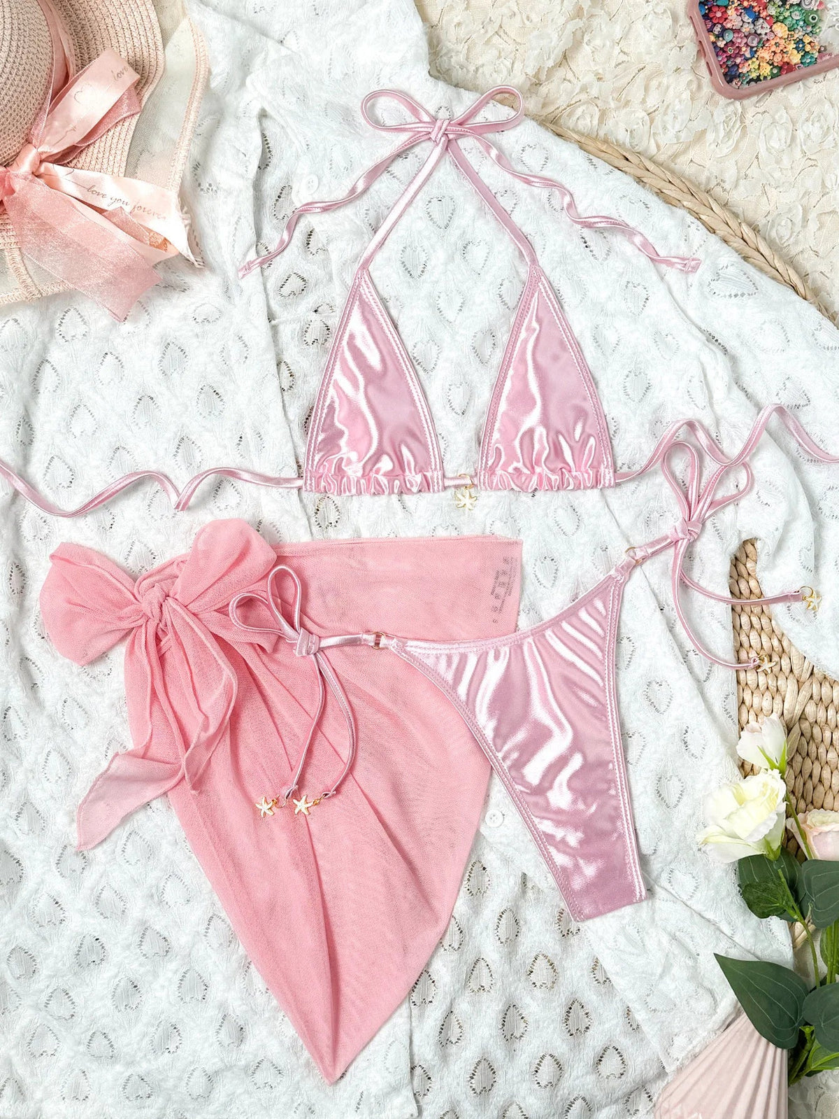 3 Piece Bikini Set with Mesh Two Piece Swimsuit with Sheer Cover Up Bandage Mini Suit Suit