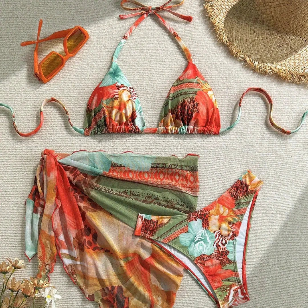 3 Piece Bikini Trend Set Apron Style Cover Up Floral Print Adjustable Ties Swimsuit Floral Swimwears