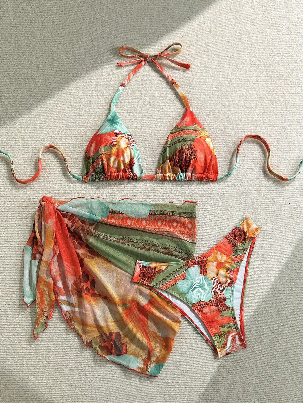 3 Piece Bikini Trend Set Apron Style Cover Up Floral Print Adjustable Ties Swimsuit Floral Swimwears