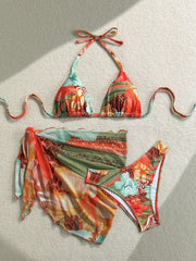 3 Piece Bikini Trend Set Apron Style Cover Up Floral Print Adjustable Ties Swimsuit Floral Swimwears