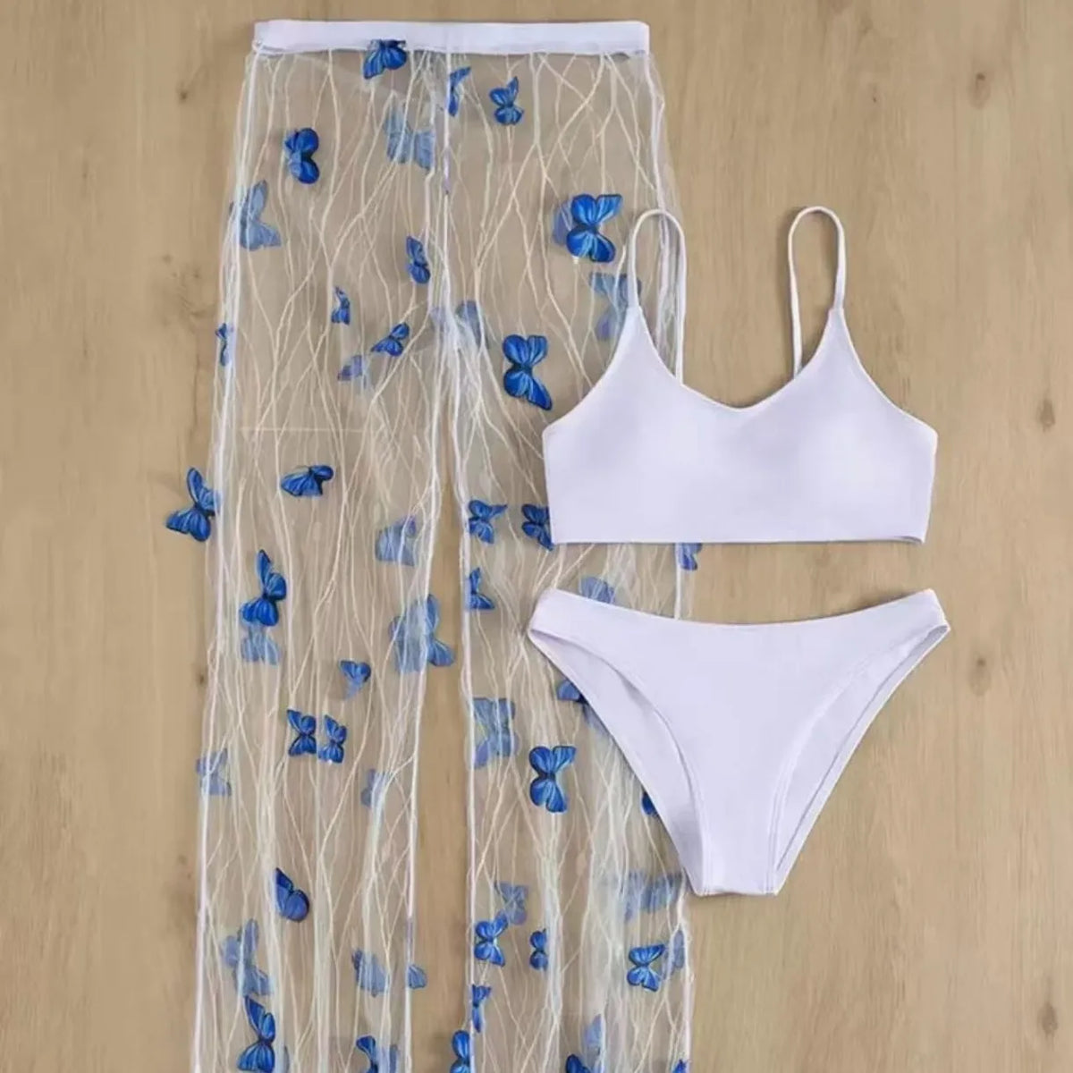 3 Piece Butterfly Bikini Set Sheer Mesh Cutout Swimsuit Two Piece with Cover Upwear Pants