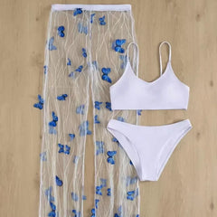 3 Piece Butterfly Bikini Set Sheer Mesh Cutout Swimsuit Two Piece with Cover Upwear Pants