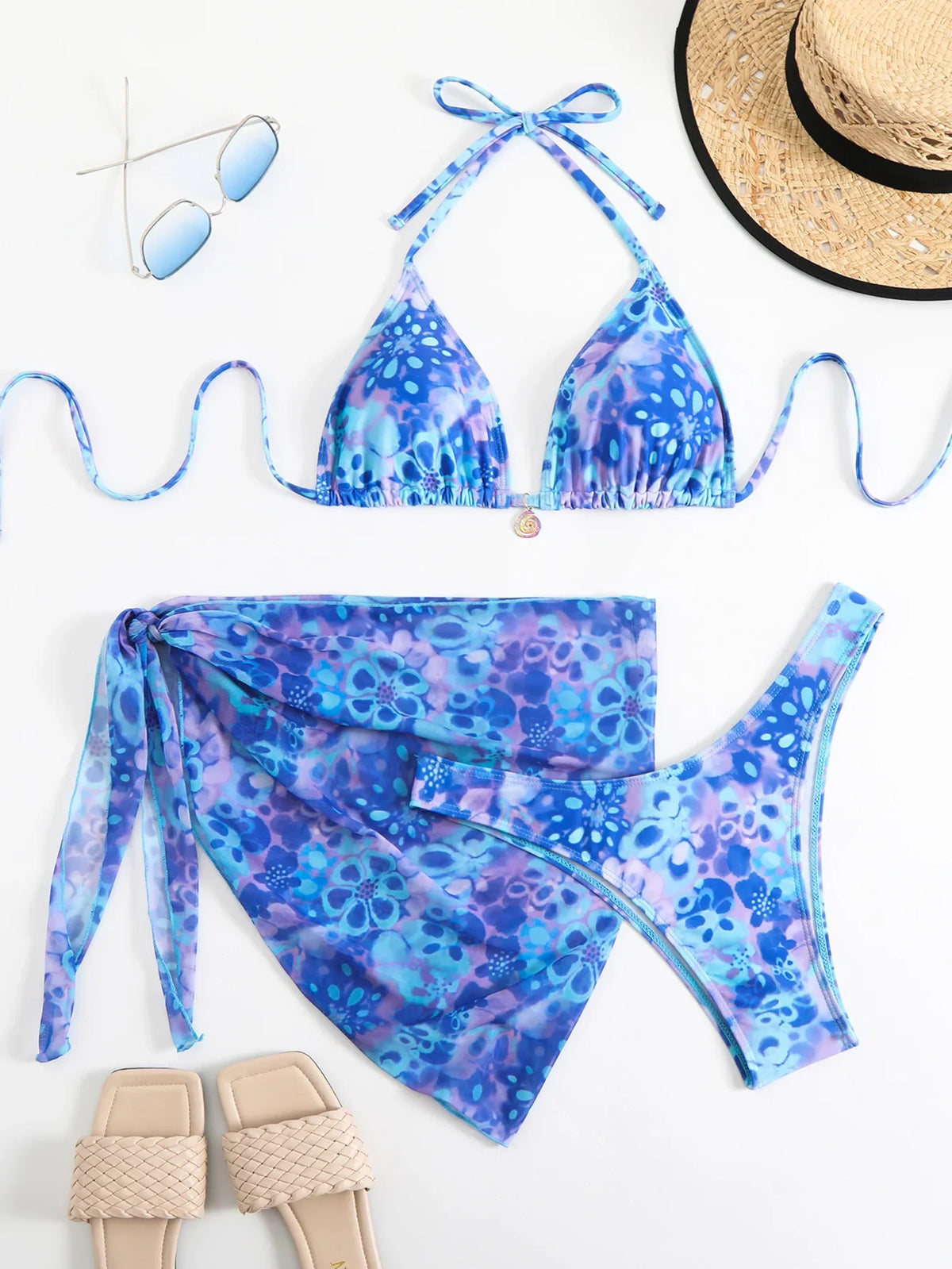 3 Piece Digital Print Bikini Set Low Cut Halter Backless Tie Side Swimsuit Matching Sets 3 piece Set