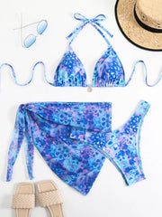 3 Piece Digital Print Bikini Set Low Cut Halter Backless Tie Side Swimsuit Matching Sets 3 piece Set