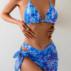 3 Piece Digital Print Bikini Set Low Cut Halter Backless Tie Side Swimsuit Matching Sets 3 piece Set