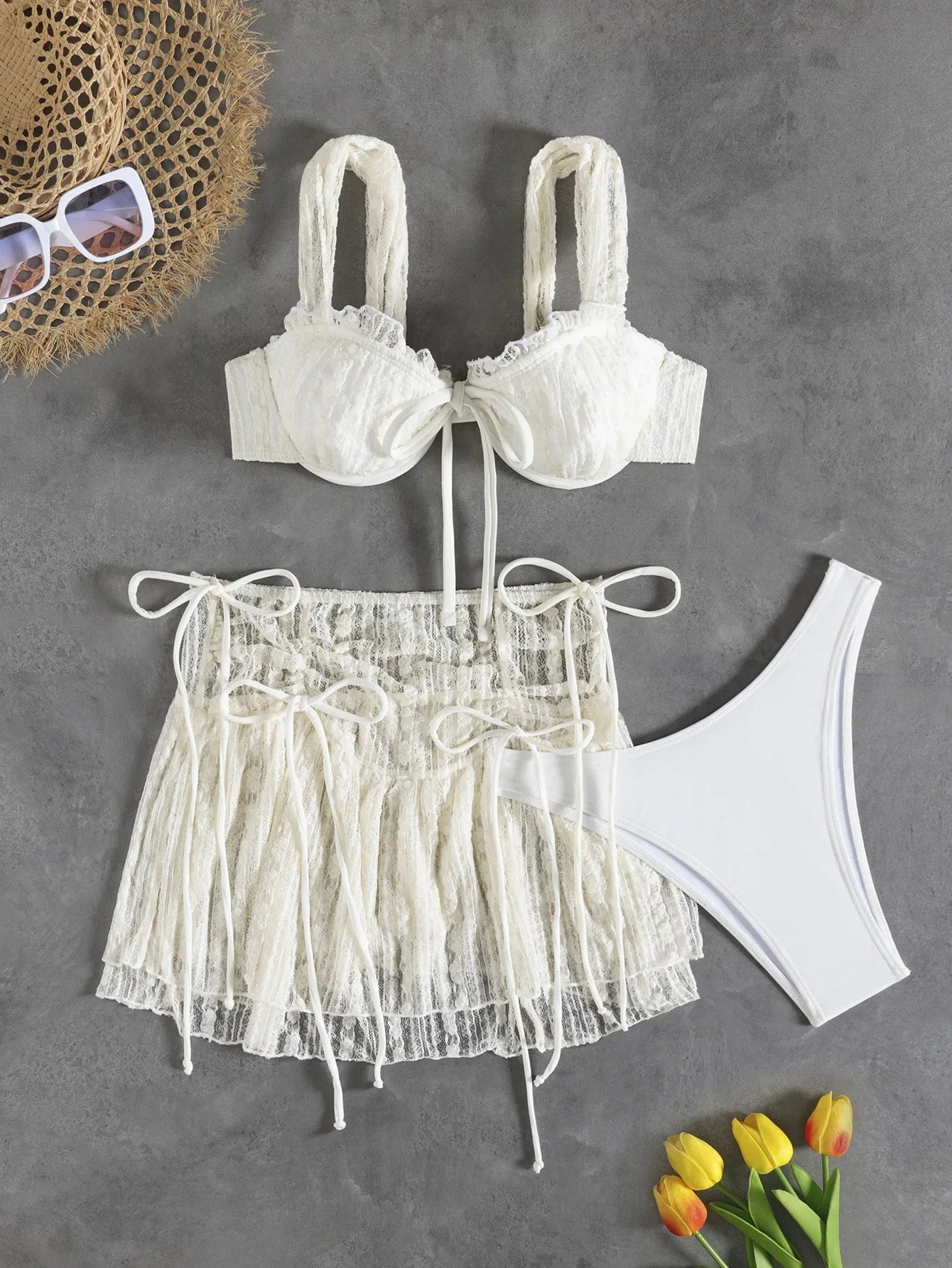 3 Piece Lace Bikini Set French Resort Style Pure & Fringe Drawstring Swimsuit Cover Up