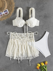 3 Piece Lace Bikini Set French Resort Style Pure & Fringe Drawstring Swimsuit Cover Up