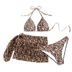 3 Piece Leopard Print Bikini Set Tie-Side Backless 3-Point Swimsuitwear Open Back Swimwears