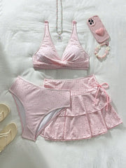 3 Piece Mesh Bikini Set Crisscross Design with Cover Up Swimsuit Solid Color Bikini Sets