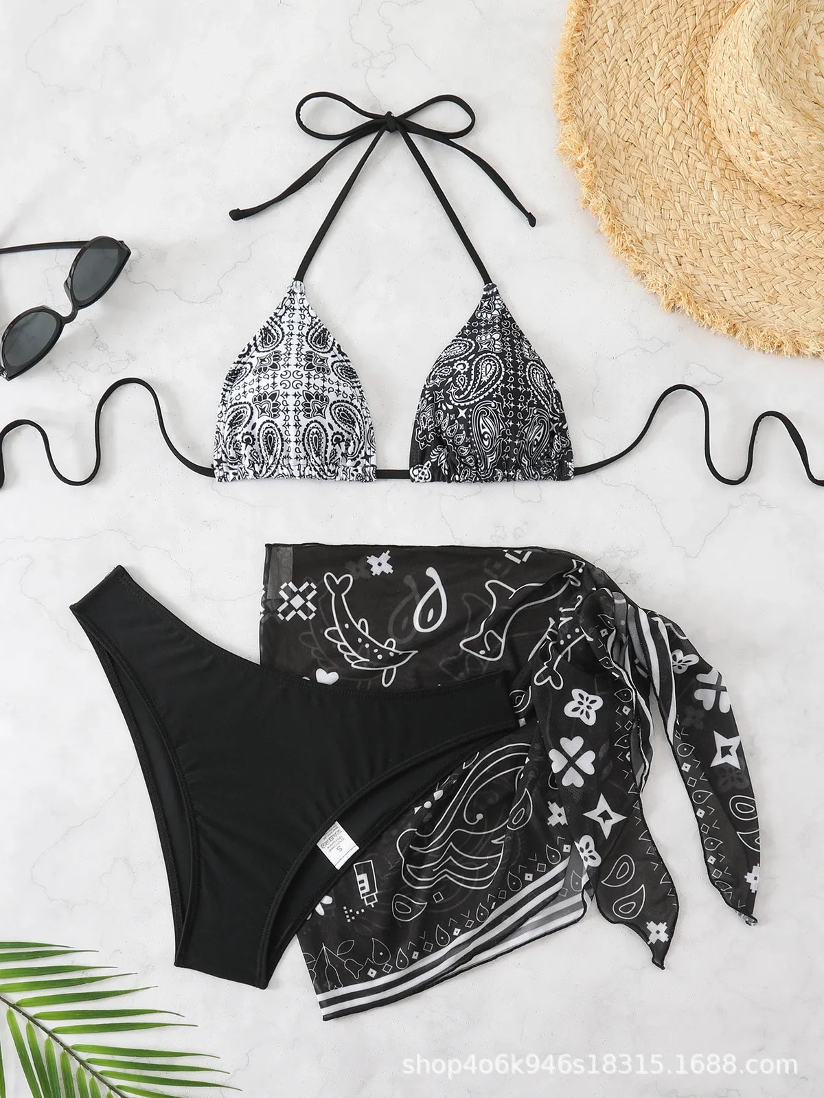 3 Piece Printed Bikini Set Triangle Top & Set Halter
