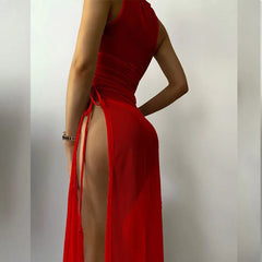 3 Piece Solid Red Micro Bikini Set Sheer Mesh Split Dress Cover Up Swimsuit Multi Colorswear