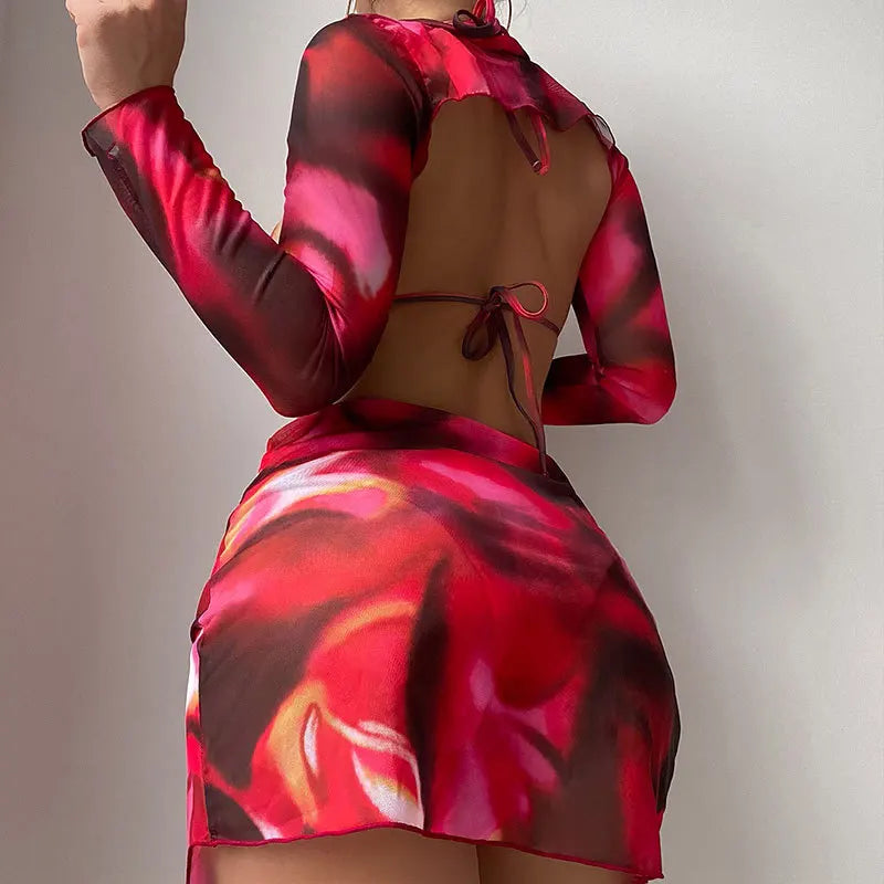 4 Piece Bikini Set Tie-Dye Long Cover Up Dress Swimsuit Long Sleeve Crop Top Suit