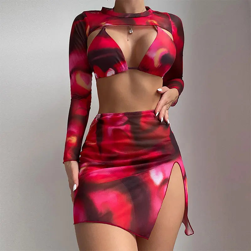 4 Piece Bikini Set Tie-Dye Long Cover Up Dress Swimsuit Long Sleeve Crop Top Suit