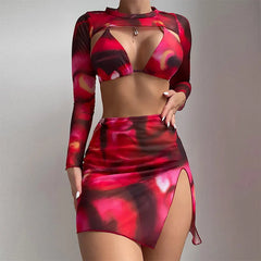4 Piece Bikini Set Tie-Dye Long Cover Up Dress Swimsuit Long Sleeve Crop Top Suit