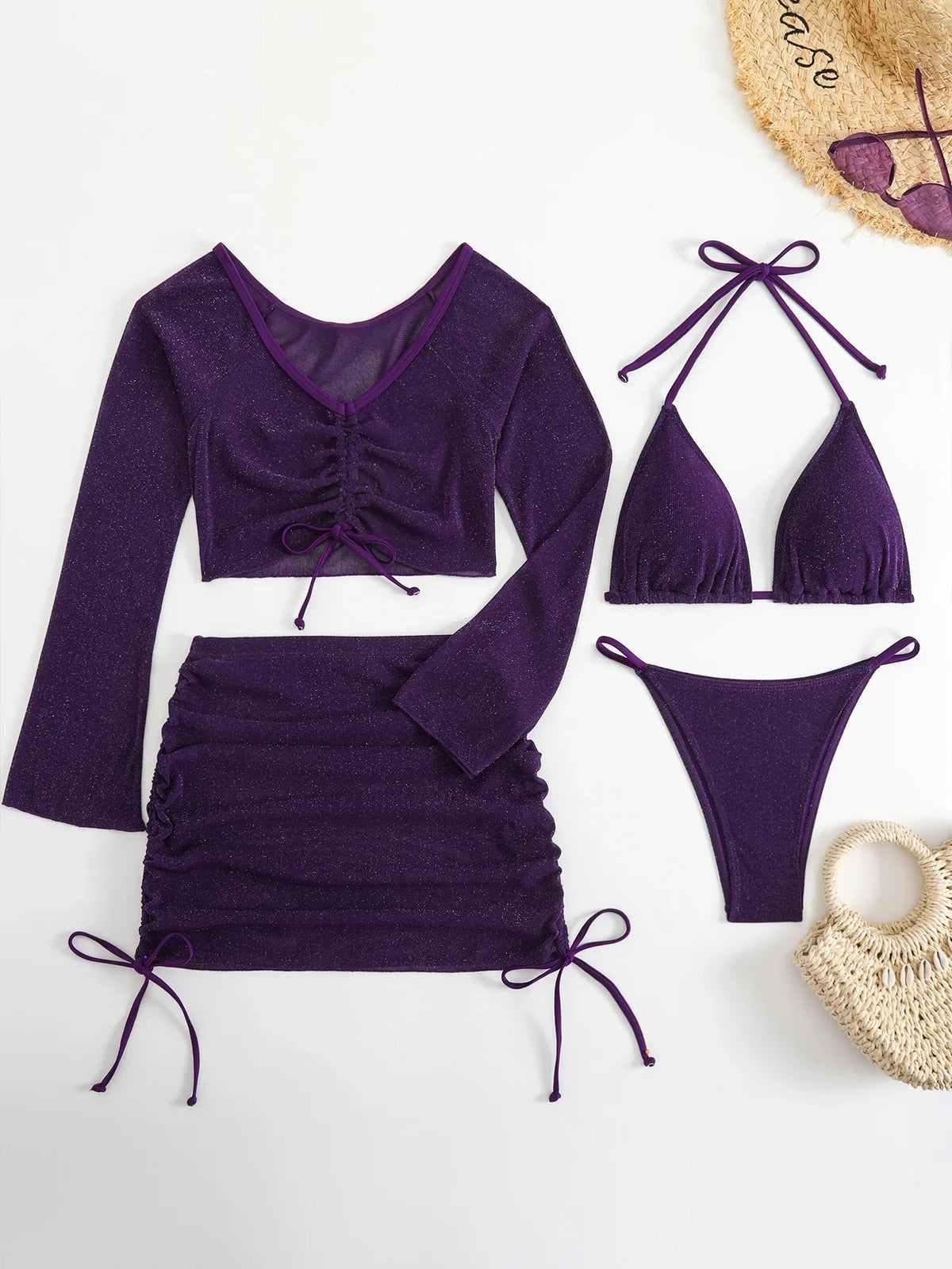 4 Piece Swimsuit Set Solid Color Fix Foil Seamless Swimsuit Tie-Side Bikini Halter Bikini Tops Sets