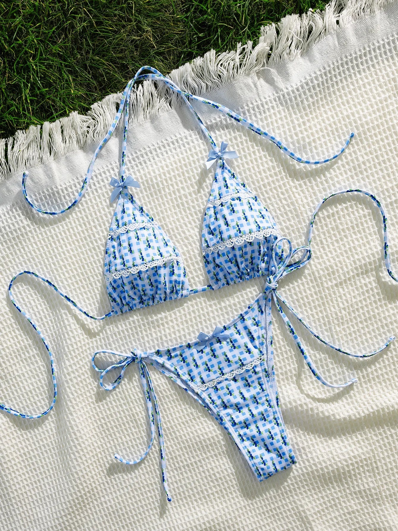 Blue Soft Floral Print Bikini Set Bow Tie Details Spaghetti Straps Halter Neck Backless Party Swimsuit