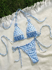 Blue Soft Floral Print Bikini Set Bow Tie Details Spaghetti Straps Halter Neck Backless Party Swimsuit