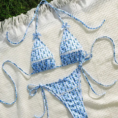 Blue Soft Floral Print Bikini Set Bow Tie Details Spaghetti Straps Halter Neck Backless Party Swimsuit