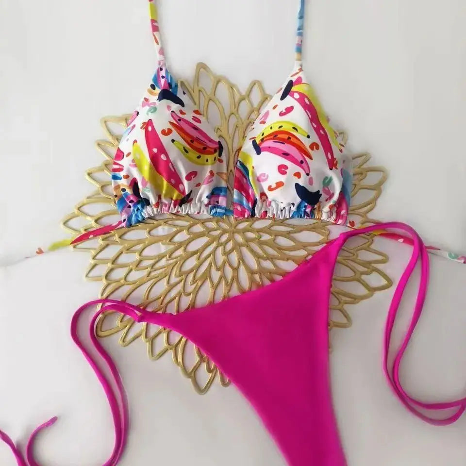 Color Block Bikini Set Strappy Two Piece Swimsuit with Adjustable Ties Two Piece Thongs Swimwears
