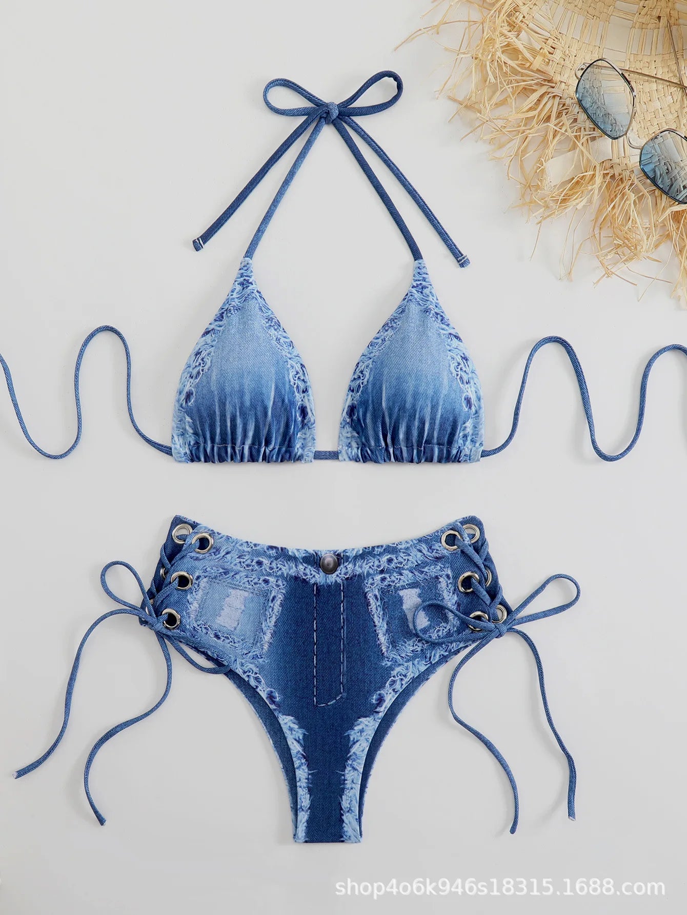 Denim Print Bikini Set Tie-Front Top & Retro Two Piece Swimsuit for Lace Up Bandage Swimsuit