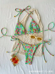 Floral Bikini Set 3-Point Tie-Side Two Piece Swimsuit for & Bandage Green Thongs Swimwears