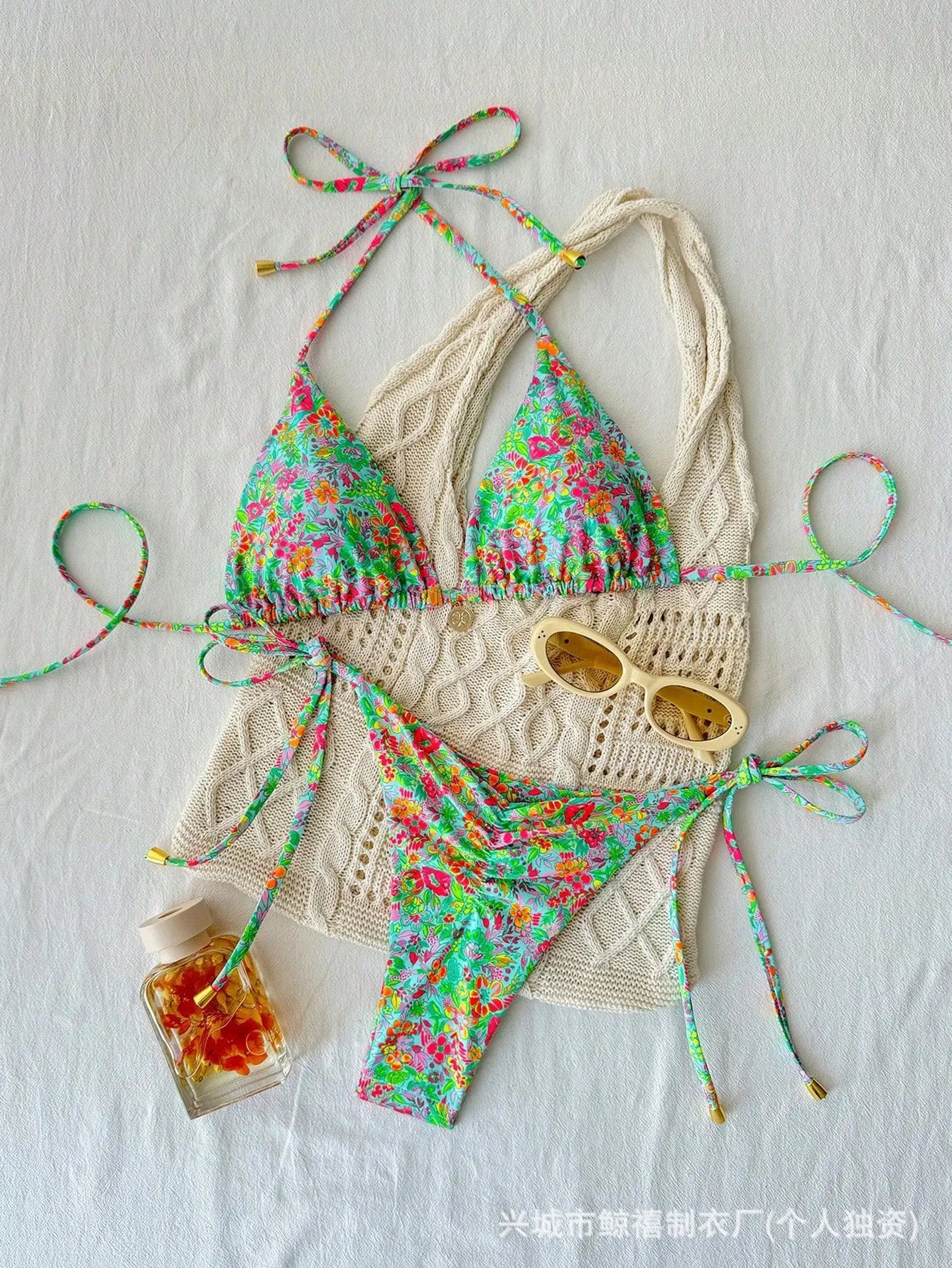 Floral Bikini Set 3-Point Tie-Side Two Piece Swimsuit for & Bandage Green Thongs Swimwears