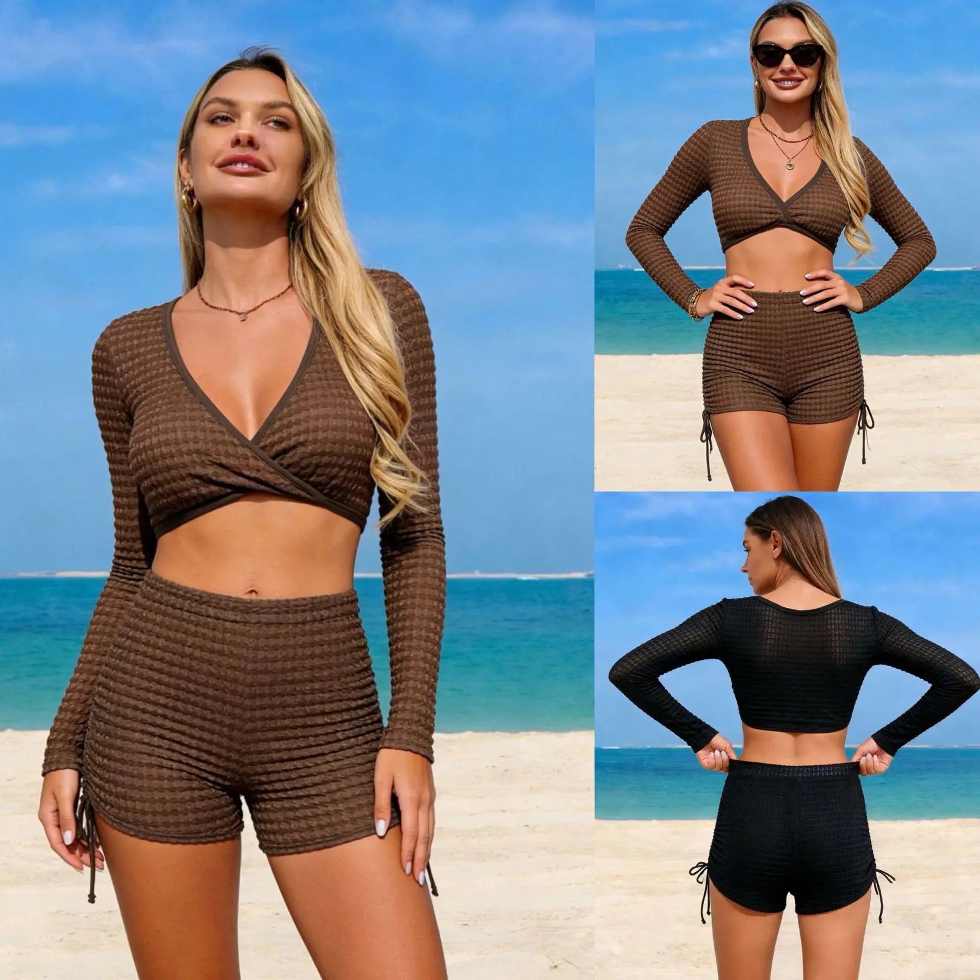 Long Sleeve Two Piece Swimsuit Solid Color Crop Bikini Tops Short Drawstring Swimsuitwear