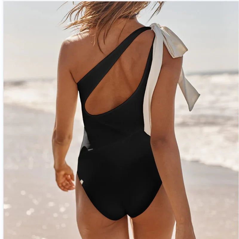 One Shoulder Backless Tummy Control One Piece Swimsuit Solid Color Ruched Swimwear