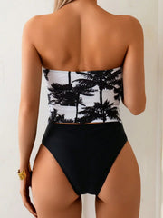 Palm Tree Print Bikini Set Tropical Two Piece Swimsuit with Strapless Bandage Top Panties