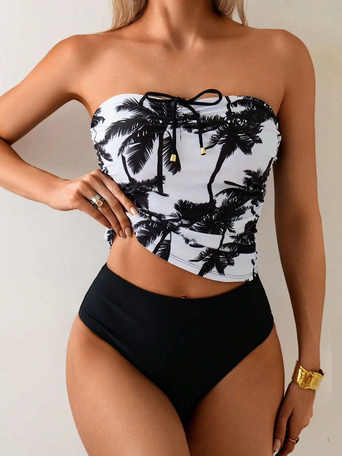 Palm Tree Print Bikini Set Tropical Two Piece Swimsuit with Strapless Bandage Top Panties