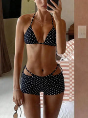 Polka Dot Bikini Set Spaghetti Strap Halter Two Piece Swimsuit Bandage Thongs Panties Set