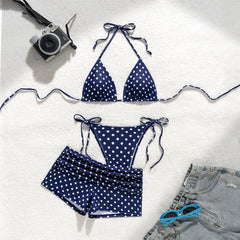 Polka Dot Bikini Set Spaghetti Strap Halter Two Piece Swimsuit Bandage Thongs Panties Set